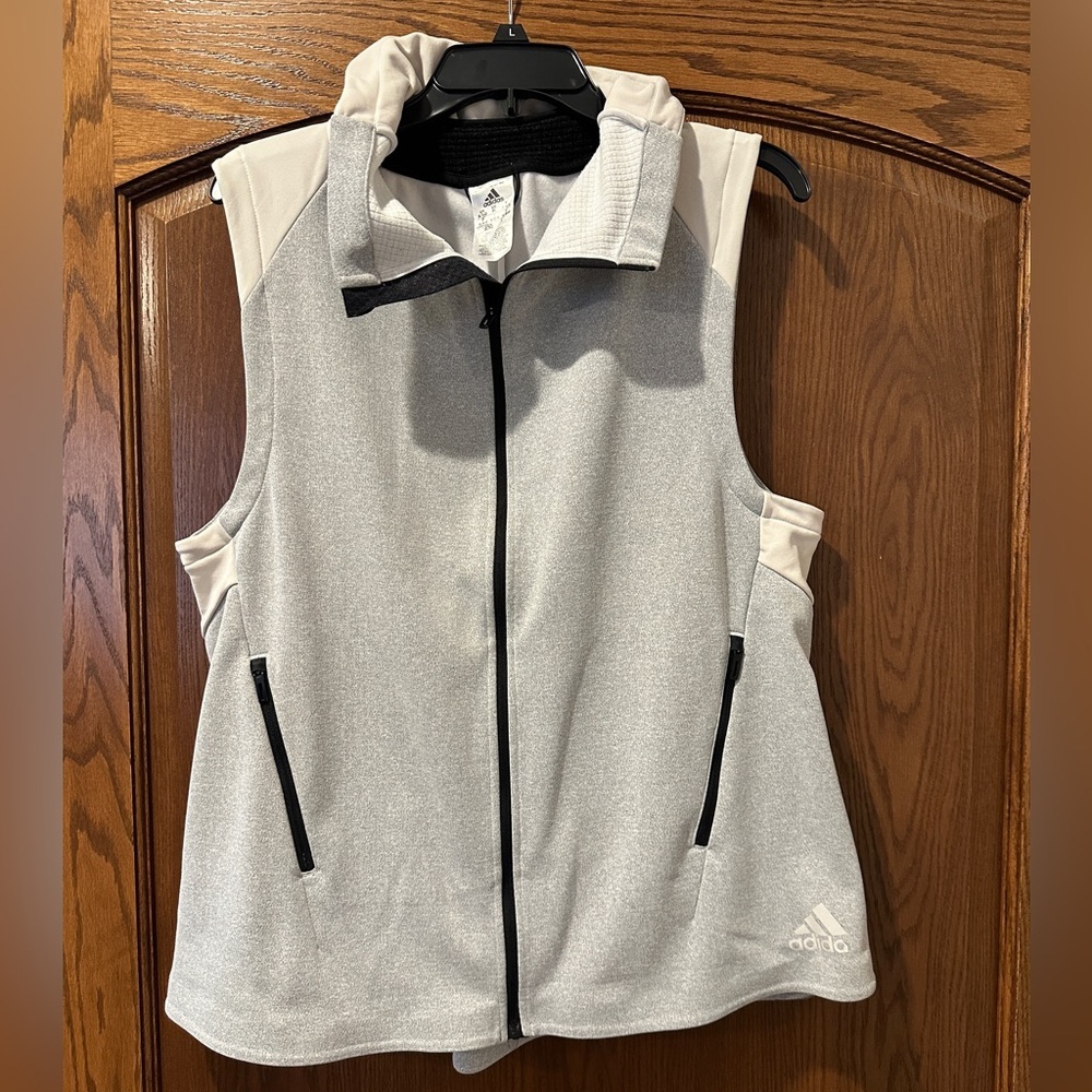 Adidas Women XL Full Zip Athletic Vest‎ Gray Cream Colorblock Funnel Neck Jacket